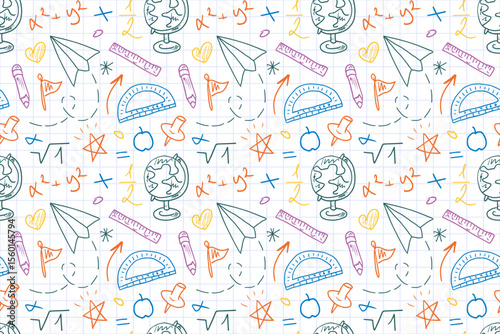 Seamless pattern Back to School on a checkered notebook page. Hand-drawn school supplies, colored sketches. Childrens colored background for fabric, covers, backgrounds, and notebooks.