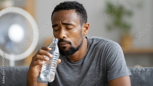 A young African man with short black hair holds a water bottle, looking relieved. He sits indoors, feeling the effects of summer heat and dehydration.