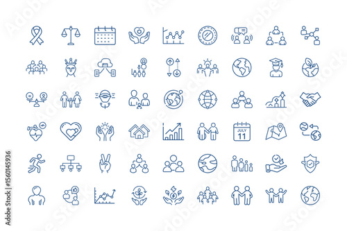 Collection of Thin Line Icons Representing Social Responsibility and Global Sustainability