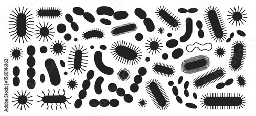 Black silhouette bacteria and virus icons in assorted microscopic forms, vector illustration set. Includes diverse pathogenic shapes such as rods, spheres and spirals for scientific use.