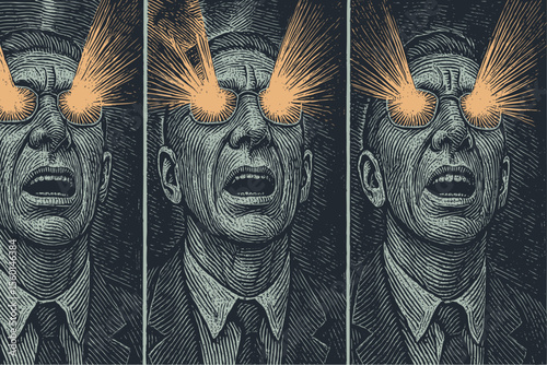 A man in a suit with laser vision. Beams of energy explode from his eyes in a triptych. Vector illustration in a vintage woodcut or engraving style.