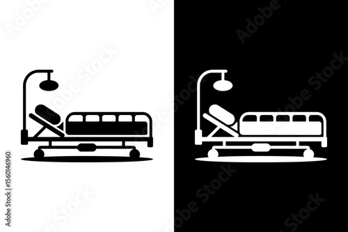 Hospital Bed Icon Silhouette icon illustration on white and black background.