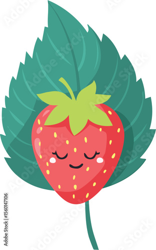 Sleepy Strawberry Resting Peacefully Under a Leaf