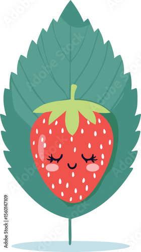 Sleepy Strawberry Resting Peacefully Under a Leaf