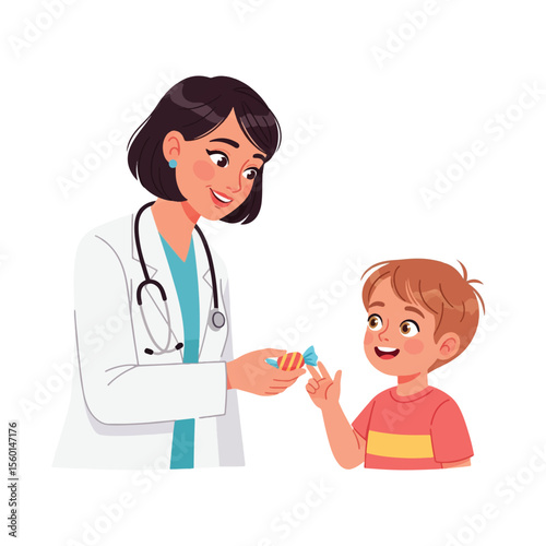 A female doctor gives a piece of candy to a young boy patient as a reward.