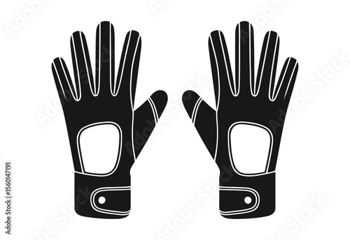 Pair of black motorcycle gloves with white accents on a white background