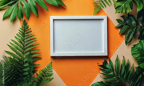 Empty white picture frame surrounded by tropical leaves on orange and beige background