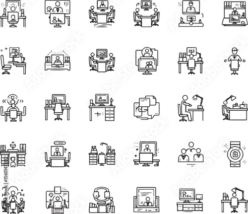 Office workspace set of web icons in line style. Office and coworking icons for web and mobile app. Office, remote working, meeting, co-worker, workspace, desk, computer, business icons and more