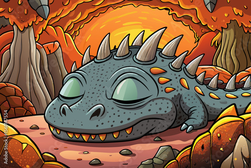 fiery cave glowing with molten lava, where a massive sleeping dragon rests among scorched rocks and smoke-filled shadows deep underground