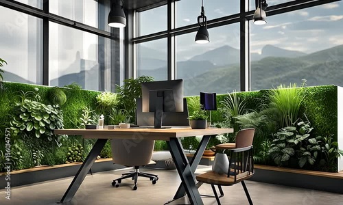 Modern office with vertical garden and city view