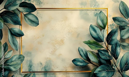 Decorative frame with teal and green leaves on a beige background
