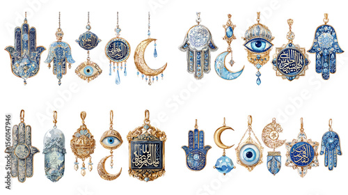 Watercolor illustrations of Nazar amulets, hamsa hands, evil eyes, crescent moons, and spiritual symbols in blue and gold color palette.

