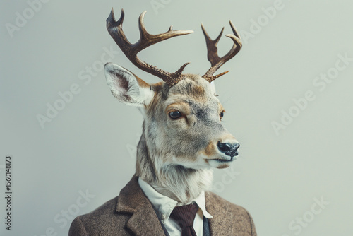 Unique taxidermy art featuring a deer in formal attire with a vintage touch for creative decor enthusiasts. Generative AI