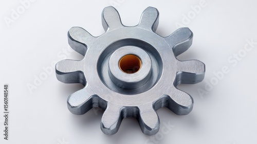 Metallic gear with distinct ridges and central hole, showcasing industrial design aesthetics and craftsmanship, ideal for engineering, manufacturing, and mechanical themes in stock photography.