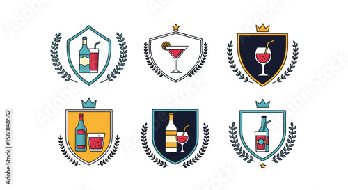 Diverse Collection of Alcohol Drinks Depicted on Decorative Badges with Heraldic Emblems