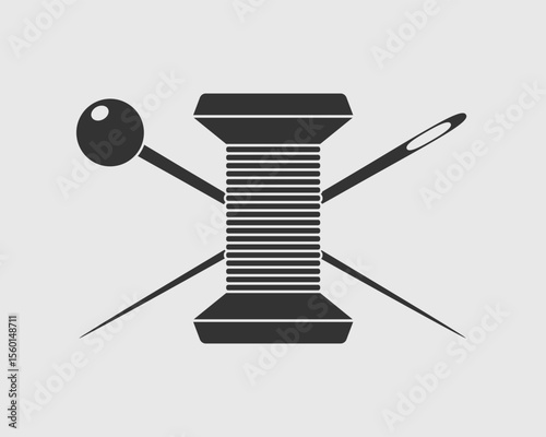Sewing logo template. Tailor shop graphic emblem isolated on white background. Spool of thread with crossed needle and pin. Vector illustration 