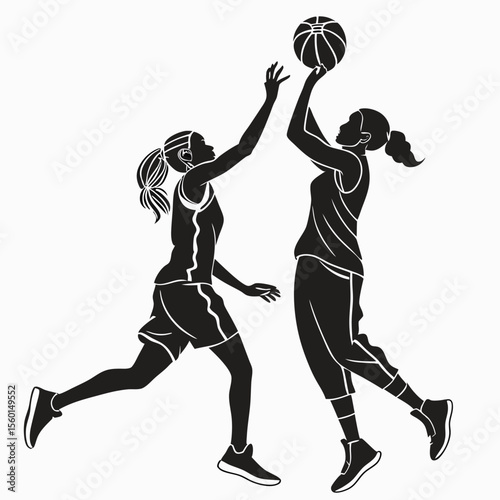 Silhouette of Two Female Basketball Players in Action: A Dynamic Sport Graphic