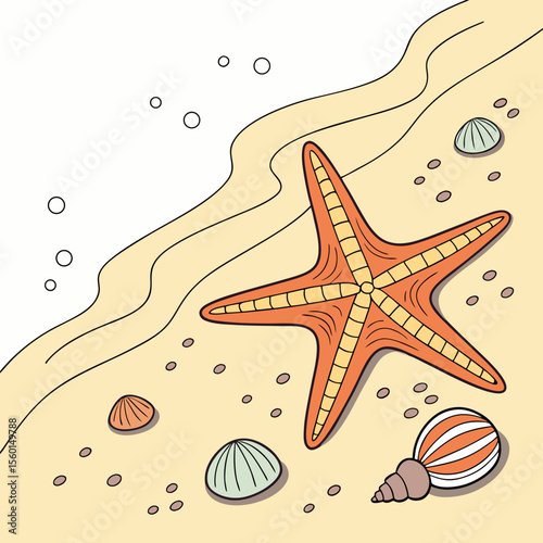 Starfish on Sandy Beach with Shells Clean Vector Art

