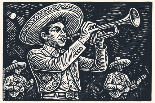 Mexican mariachi band performs on stage. A musician plays the trumpet. Vector illustration in a vintage woodcut or linocut print style.