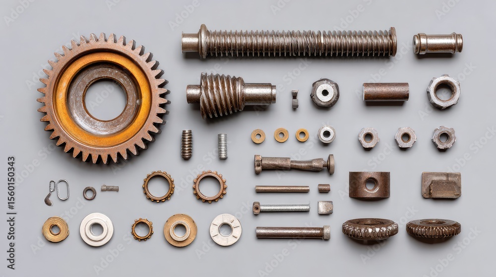 Fototapeta premium Various Mechanical Components and Metal Parts Arranged Neatly on a Gray Surface for Industrial, Engineering, and Manufacturing Applications with a Focus on Tools and Machinery
