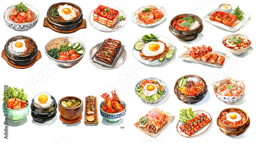 Watercolor illustrations of traditional Korean dishes including kimchi, bibimbap, bulgogi, and side dishes served with rice and eggs.

