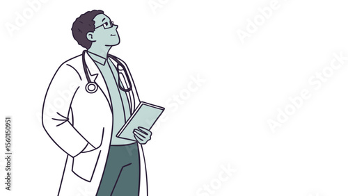Doctor looking up with stethoscope and clipboard vector illustration for healthcare and medical concept art