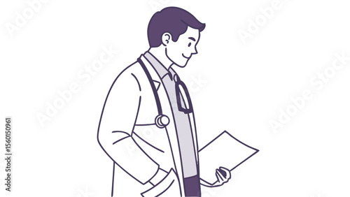 Illustration of a friendly doctor in white coat holding medical chart and stethoscope for healthcare concept