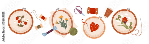 Cozy flat illustration of handmade embroidery tools. Yarn, hoop, thread, and cross-stitch elements. Needlework and handcrafts.