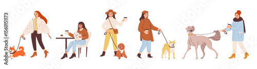 Woman walking dogs of different breeds. Dog owner walking her adorable pets.  Pet care, family, and lifestyle. Flat vector set.