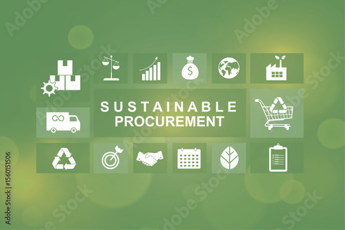 Sustainable procurement icon grid layout on green background. Comprehensive ESG business strategy ideal for business presentations and supply chain management training. Vector illustration