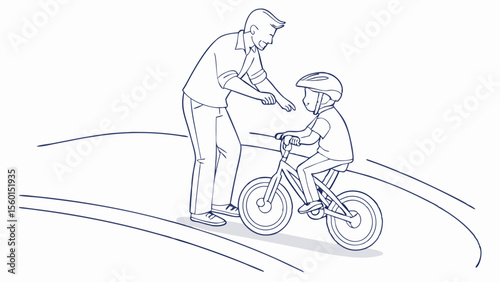 Father teaching child to ride bike illustration for learning to cycle safety and family outdoor activity