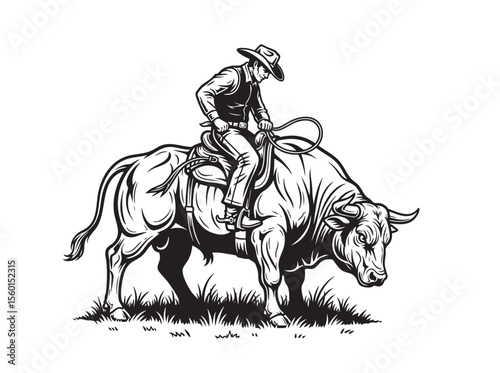 Vector of black and white illustration of a Cowboy riding an angry, bucking bull.