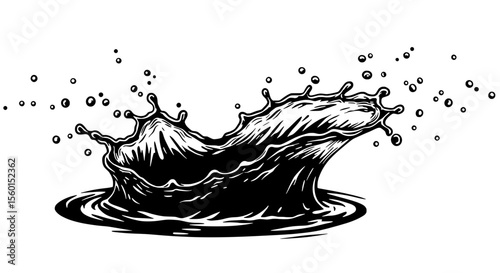 Ink Splash: A dramatic monochrome illustration captures the dynamic energy of a liquid splash, creating a visual spectacle of fluid dynamics, capturing the essence of motion and impact.