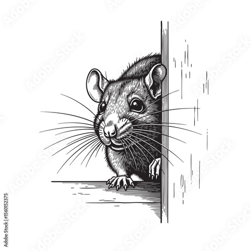 Vector of black and white illustration of a cute rat peeking around a corner.