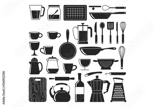 Collection of black kitchen utensils and cookware icons on white background