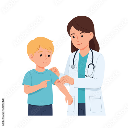 A female doctor examining a young boy's arm, possibly administering a vaccine or checking for a reaction.