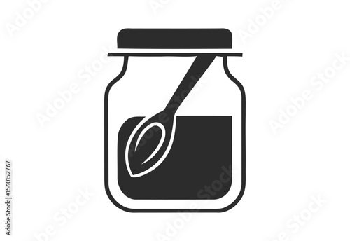 Simple black icon of a jar with a spoon inside containing a liquid