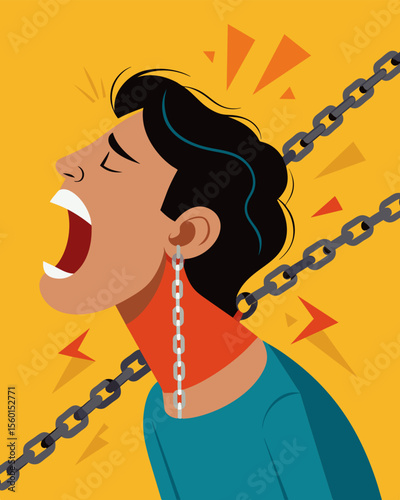 A persons voice is drowned out by the loud clanking of the chains of guilt and shame as they try to express their emotions.. Vector illustration