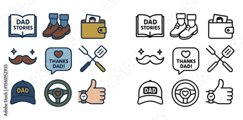 Father’s Day Activity and Hobby Icons – Dad Hat, BBQ Tools, Driving, Mustache, Thumbs Up, Thanks Dad and Storybook – Vector and PNG Isolated on Transparent Background
