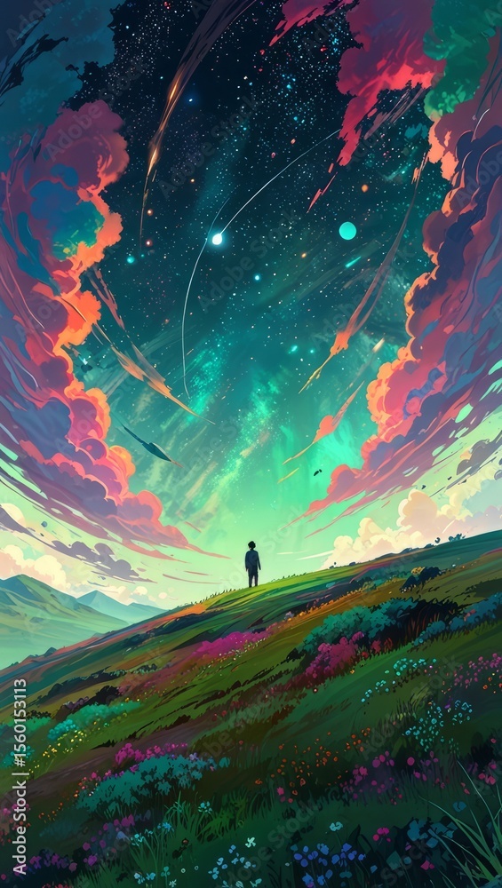 Fototapeta premium Celestial Dreamscape: A lone figure gazes up at a vibrant night sky where comets streak and the aurora dances, standing on a rolling hillscape filled with lush, colorful wildflowers.