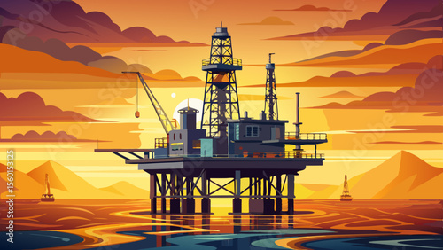 An HDR view of an offshore jack-up rig silhouetted against the golden hues of sunset, standing tall in the middle of the sea—a breathtaking blend of engineering and natural beauty.