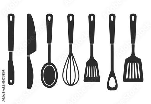 Collection of black silhouette kitchen utensils including a knife spoon whisk and spatulas