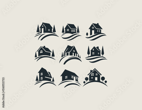 Collection of diverse black house silhouettes gracefully situated on gentle curved landscapes. Real estate concept