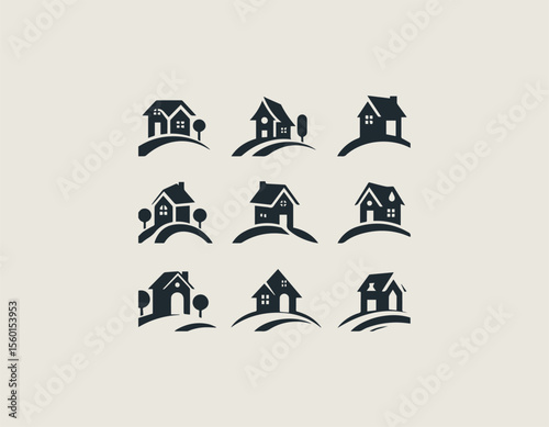 Collection of diverse black house silhouettes gracefully situated on gentle curved landscapes. Real estate concept