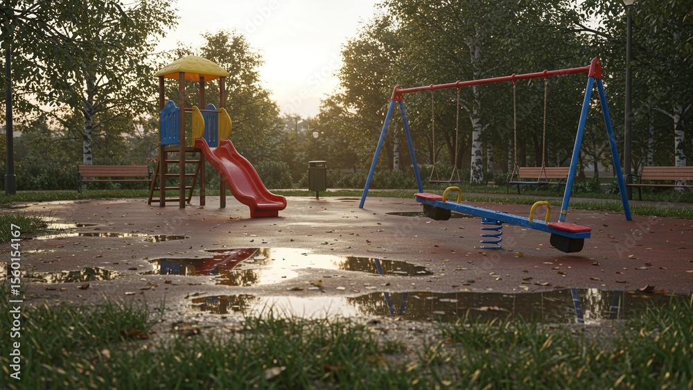 Fototapeta premium A quiet playground after the rain, with wet surfaces and puddles reflecting the red and yellow slide, swings, and seesaw. Morning mist and fallen leaves create a calm, moody atmosphere.