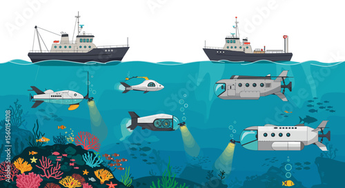 Underwater exploration with submarines and ships vector illustration