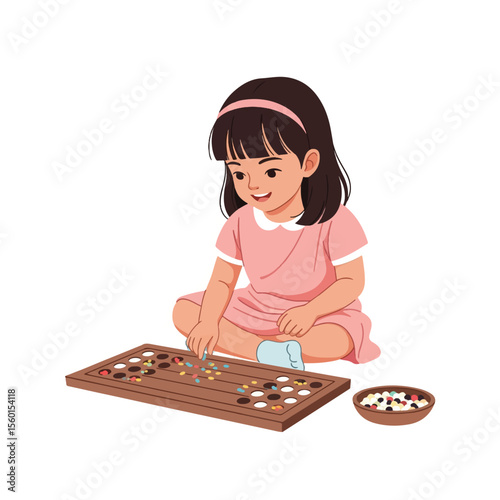 A young girl joyfully plays a traditional peg-board game, concentrating intently as she manipulates colorful game pieces.