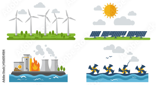 Clean energy sources vector illustration: wind, solar, hydroelectric, and biomass energy for eco-friendly design