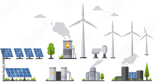 Sustainable energy vector illustration: wind turbines and solar panels design for renewable energy concepts