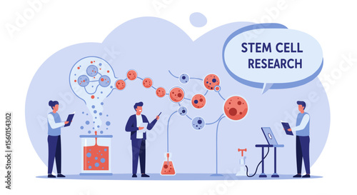 Vector illustration of scientists conducting stem cell research in a laboratory setting for educational design